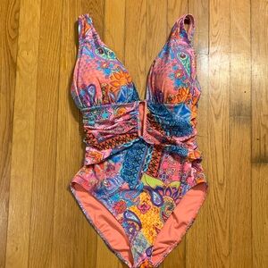 BLEU ROD BEATTIE PEACH AND BLUE PAISLEY PATCHWORK  RUCHED ONE PIECE BATHING SUIT
